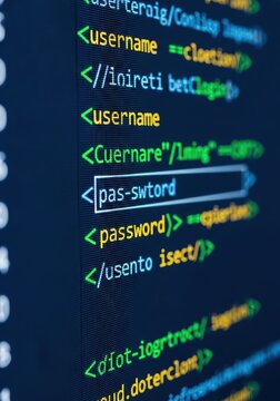 Close-up of Computer Screen Displaying Programming Code with Username and Password Fields for Cybersecurity Concept
