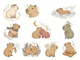 Fototapeta premium Cute Boho Capybara Sticker Pack Magical Animal Clipart Vector Illustrations With Stars Moon Lantern Angel Wings Flowers Cozy Sweater Kawaii Graphic Set Isolated On White Background For Digital Planner