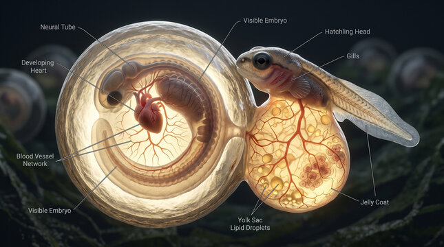 Detailed illustration of a fish embryo and hatchling with labeled parts, showing development stages