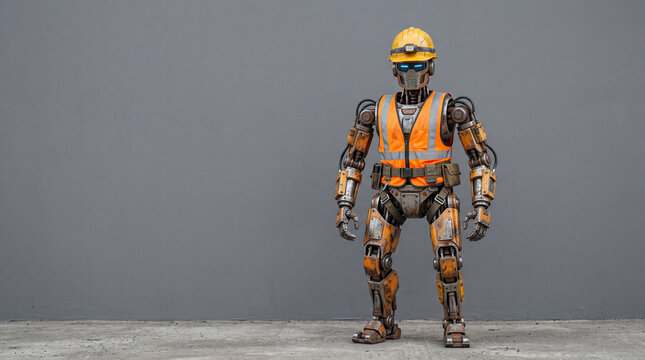 Full body of humanoid robot builder in hardhat and safety vest standing near gray wall