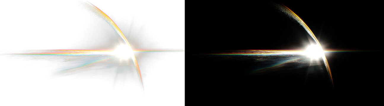 Bright lens flare with light streaks and chromatic aberration on black background.