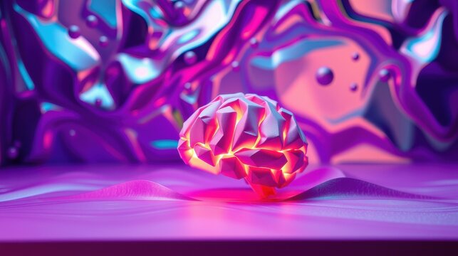 Abstract pink brain model rests upon smooth surface. Background features vibrant purple, blue wavy shapes. Dramatic lighting creates striking visual.