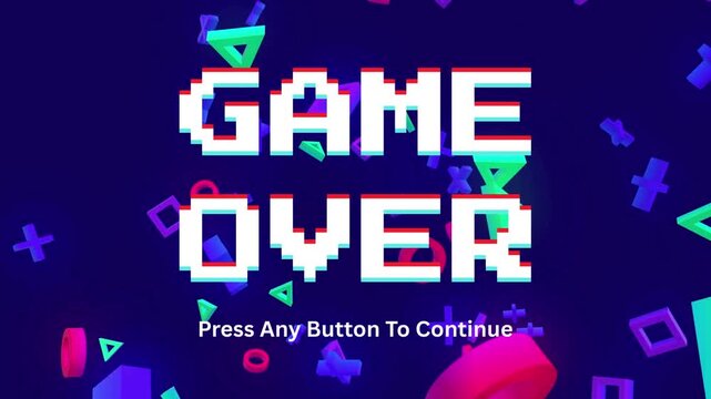 Dynamic pixelated 'Game Over' screen, featuring a vibrant retro gaming aesthetic with glowing geometric shapes, prompting players to continue their digital adventure