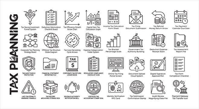 Tax planning icons set and concepts for financial management