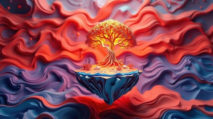 Obraz premium Floating island features vibrant tree. Swirling red, blue hues create dramatic sky. Abstract, surreal landscape evokes fantasy world.