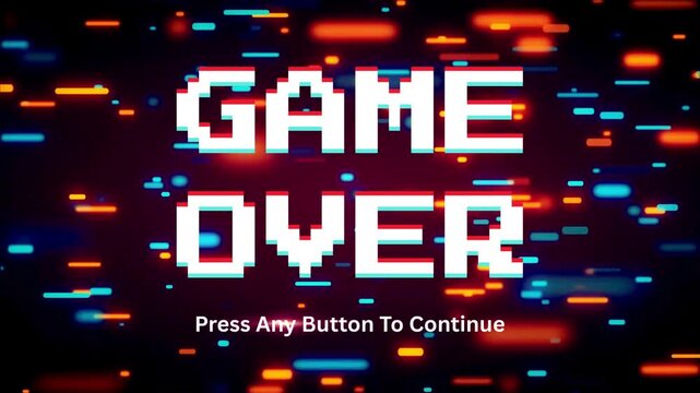 GAME OVER - Pixelated Retro Style Text Message with Glitch Effect and a Prompt to Continue