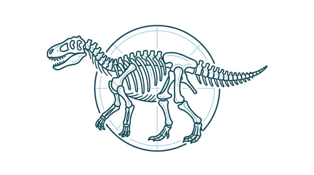 Dinosaur skeleton illustration with scientific crosshairs.