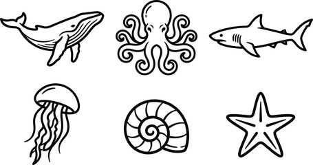 Minimalist Marine Life Ocean Animal Line Art Vector Set with Whale Octopus Shark Jellyfish Seashell and Starfish Icons for Nautical Graphic Designs © Sahina