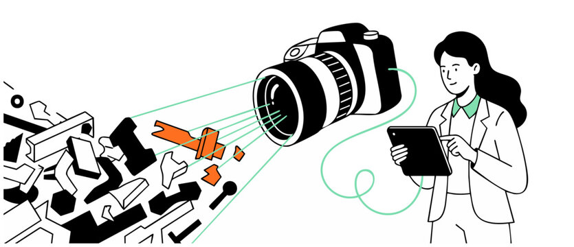 3D scanning camera tablet illustration showing professional woman analyzing physical objects with digital laser beam sensor, conceptual high tech photography, computer vision and modern technology.