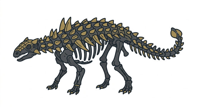Illustration of an Ankylosaurus dinosaur skeleton side view.