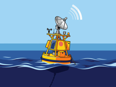vibrant illustration depicts a NOAA Deep Ocean Tsunami Buoy transmitting data via satellite It showcases ocean monitoring technology and tsunami warning systems Clear informative and visually engaging