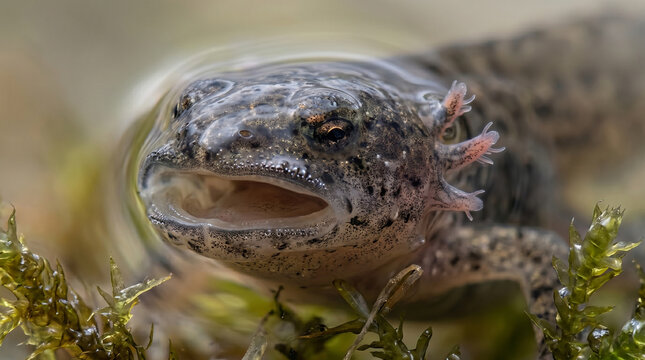 Closeup of a spotted salamander underwater with mouth open and gills visible