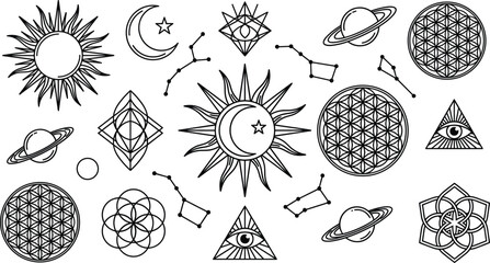 esoteric, occult, mystical, sacred, geometry, astrology, astronomy, tattoo, lineart, sun, moon, planet, saturn, star, constellation, eye, pyramid, flower-of-life, symbol, sign, icon, magic, spiritual, © Sahina