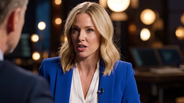 Business interview television studio with news anchor, female blonde journalist presenter, professional talk show conversation, businesswoman blazer with lapel microphone gesturing during serious