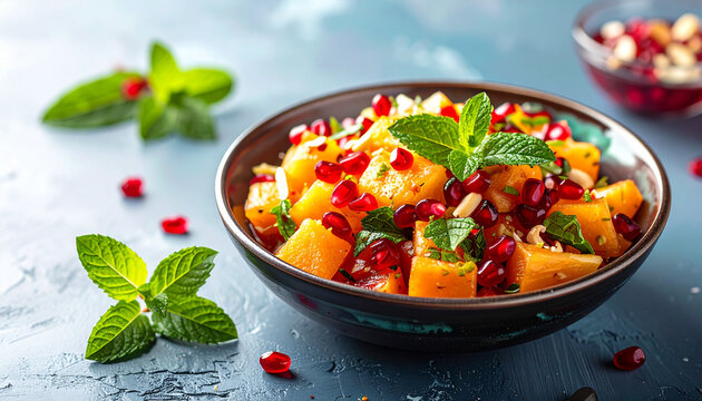Fresh pumpkin salad with pomegranate