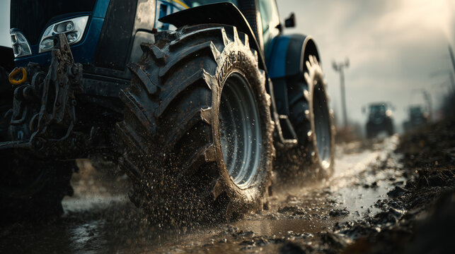 modern agricultural tractor driving through muddy field with large tire and farming machinery detail