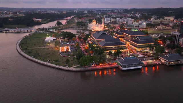 Bandar Seri Begawan, the capital city of Brunei Darussalam in evening. Tiny Sultanate in South East Asia, Borneo Island.