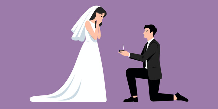 Cartoon flat style drawing man kneeling holding engagement ring proposing woman marry him marriage with wedding dress, man proposing to woman romantic moment silhouette. Guy on knees proposing beauty.