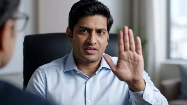 Businessman stop gesture during conflict disagreement meeting office conversation, refusal boundary communication, stressed anxious frustrated expression corporate discussion crisis with colleague