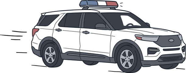 Police SUV Cruiser Vehicle with Emergency Roof Light Bar Sirens Speeding to Emergency Scene for Law Enforcement Concept Vector Illustration © Raihan1971