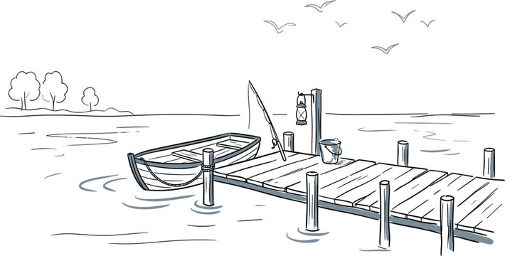 Wooden Lake Pier with Tied Wooden Boat Featuring Fishing Rod Bucket Vintage Lantern Flying Seagulls and Faraway Trees for Outdoor Leisure Concept Vector Illustration