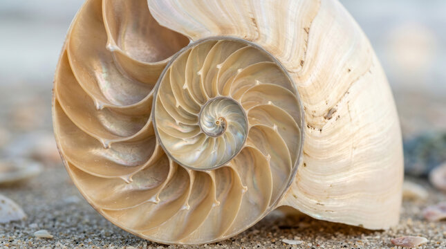 The spiral shell of a nautilus demonstrates the mathematical beauty of the golden ratio in nature. Its perfect geometry and pearly texture make it a classic symbol of evolution and growth.