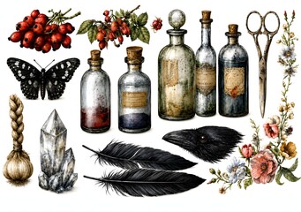Fototapeta premium Raven feathers with vintage glass bottles, crystal and butterfly collection on white background, perfect for scrapbook art, gothic branding