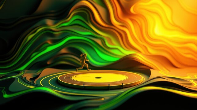 Abstract runner silhouette on circular track. Swirling green, yellow waves create dramatic backdrop. Minimalist design, vibrant colors, dynamic composition.