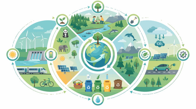 Eco-Cycle of Sustainability: An illustrative graphic depicts the interconnectedness of environmental resources, renewable energy, conservation efforts, and human activities.