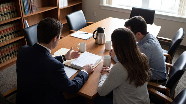 Male lawyer explaining legal document or divorce settlement agreement to a couple