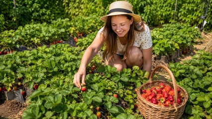 Fototapeta premium Woman picking strawberries in sunny summer garden
