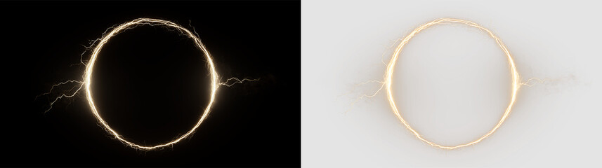 Fototapeta premium Golden circle with lightning effect isolated on transparent and black background, showing an energetic design for use in various projects, light overlay, PNG