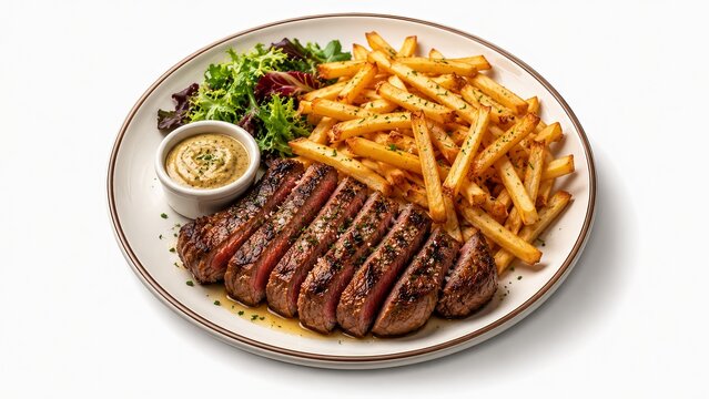 Modern corporate visual of classic steak frites with juicy grilled ribeye and golden french fries premium isometric 3d render for catering menu design