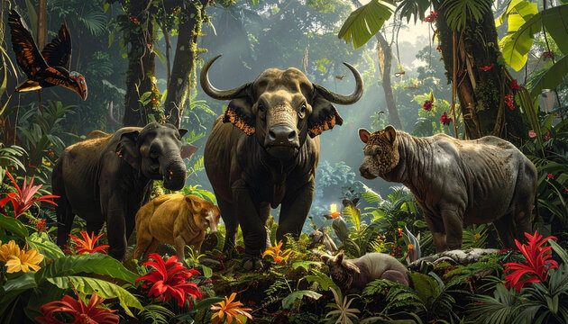 Majestic animals in lush jungle