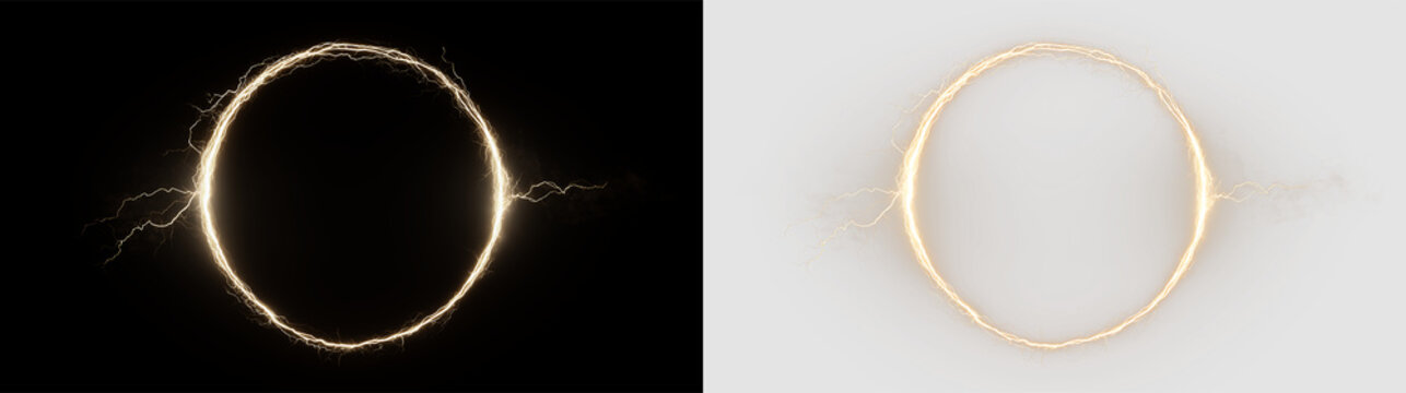 Golden circle with lightning effect isolated on transparent and black background, showing an energetic design for use in various projects, light overlay, PNG