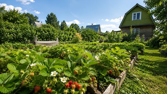 Strawberry garden near country house on sunny day