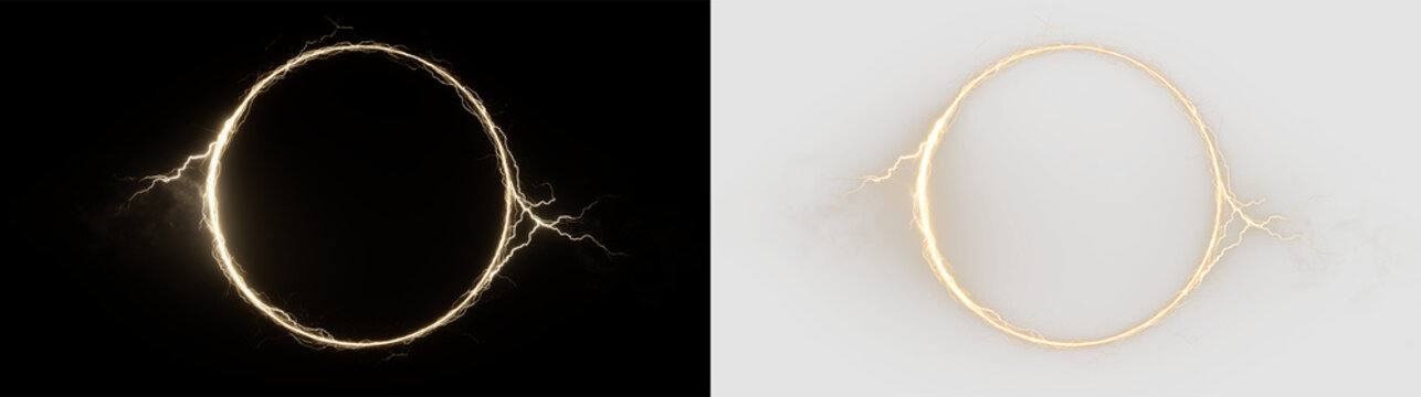 Golden circle with lightning effect isolated on transparent and black background, showing an energetic design for use in various projects, light overlay, PNG