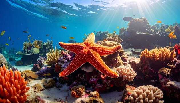Starfish resting on coral reef.