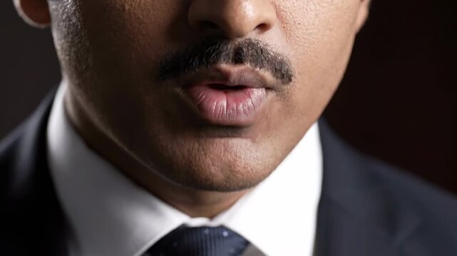 Man mouth mustache suit tie portrait closeup with serious expression, facial hair and lip detail business corporate confident formal studio lighting, lips slightly open, beard, necktie professional