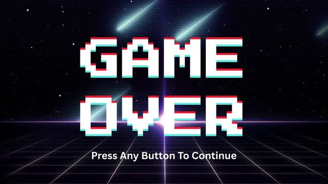 Retro 8-Bit Game Over Screen with Glitch Effect and Grid Background, Press Any Button To Continue Text