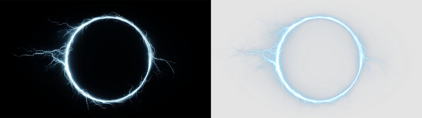 Bright blue electric ring with lightning effects isolated on transparent and black background, for design and creativity uses, light overlay, PNG © denzelll