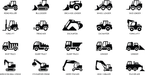 Large set of construction machinery icons featuring bulldozer excavator forklift and truck silhouettes for industrial building site heavy equipment engineering and architectural project vector design. © Quadra