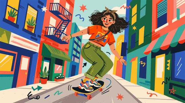 Trendy young woman skateboarding in colorful urban street illustration