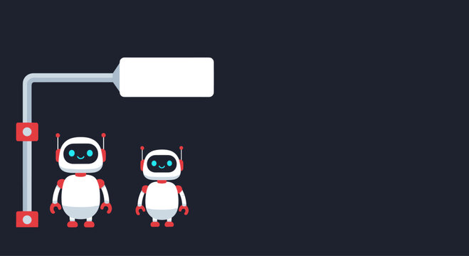 Small AI robots with blank speech bubble in dark futuristic scene