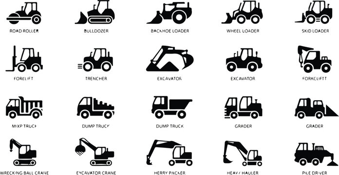 Large set of construction machinery icons featuring bulldozer excavator forklift and truck silhouettes for industrial building site heavy equipment engineering and architectural project vector design.