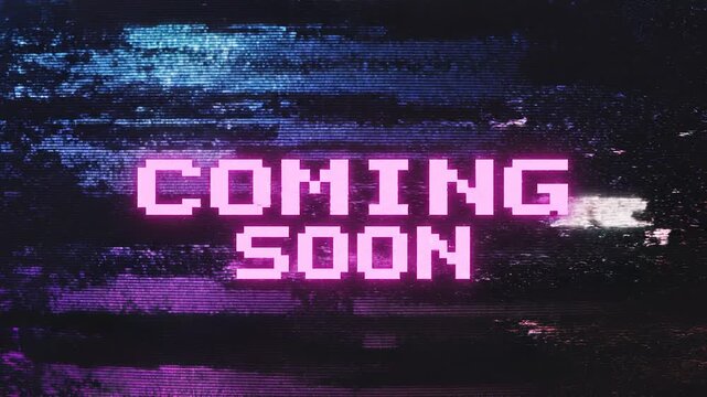 COMING SOON text with glitch background concept for video games screen. COMING SOON Retro text effects with glitch background