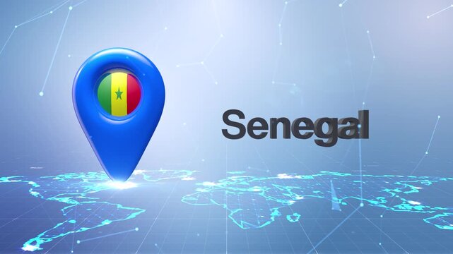 Senegal Flag Inside Location Pin On Digital World Map Animation