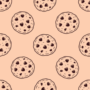 Seamless pattern with hand drawn chocolate chip cookies on a beige background, vector illustration