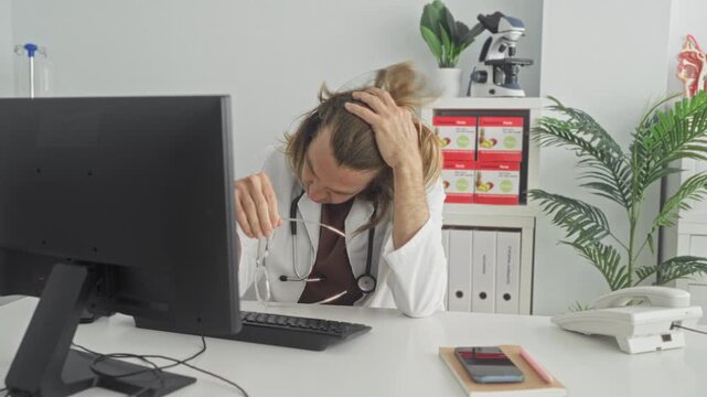 Man doctor with stethoscope at computer adjusts glasses and props chin with hand in medical office building; pensive focus.