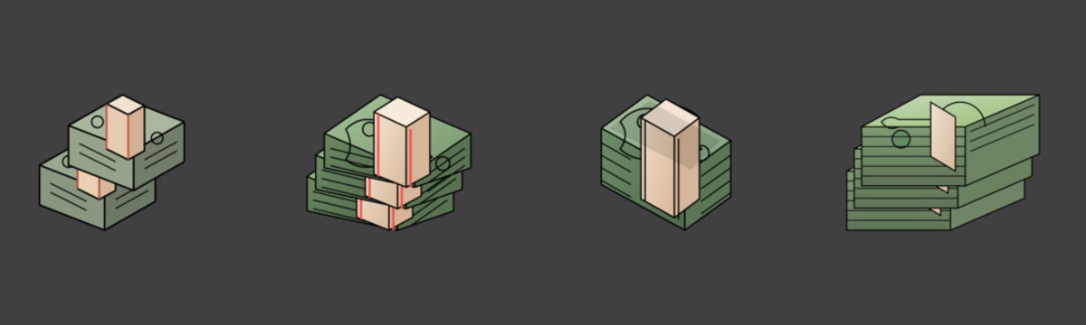 Isometric stacks of money illustration set. cash money stack bundle